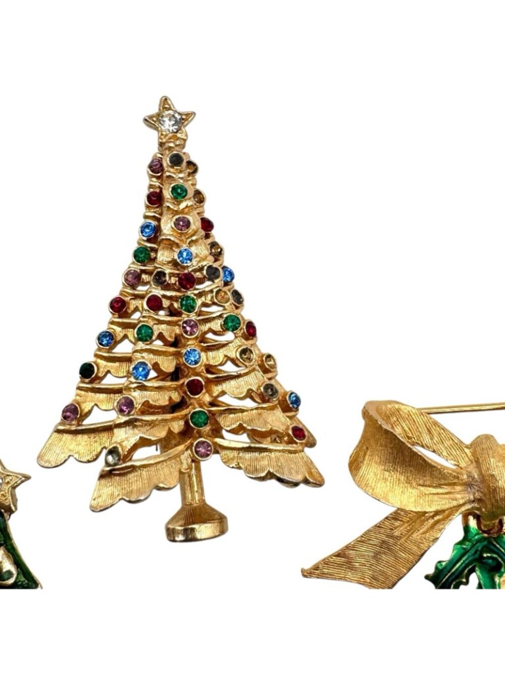 Christmas Tree Brooch Lot of 3 - MYLU Bell Enamel Rhinestone Gold Tone Tree - Picture 5 of 13